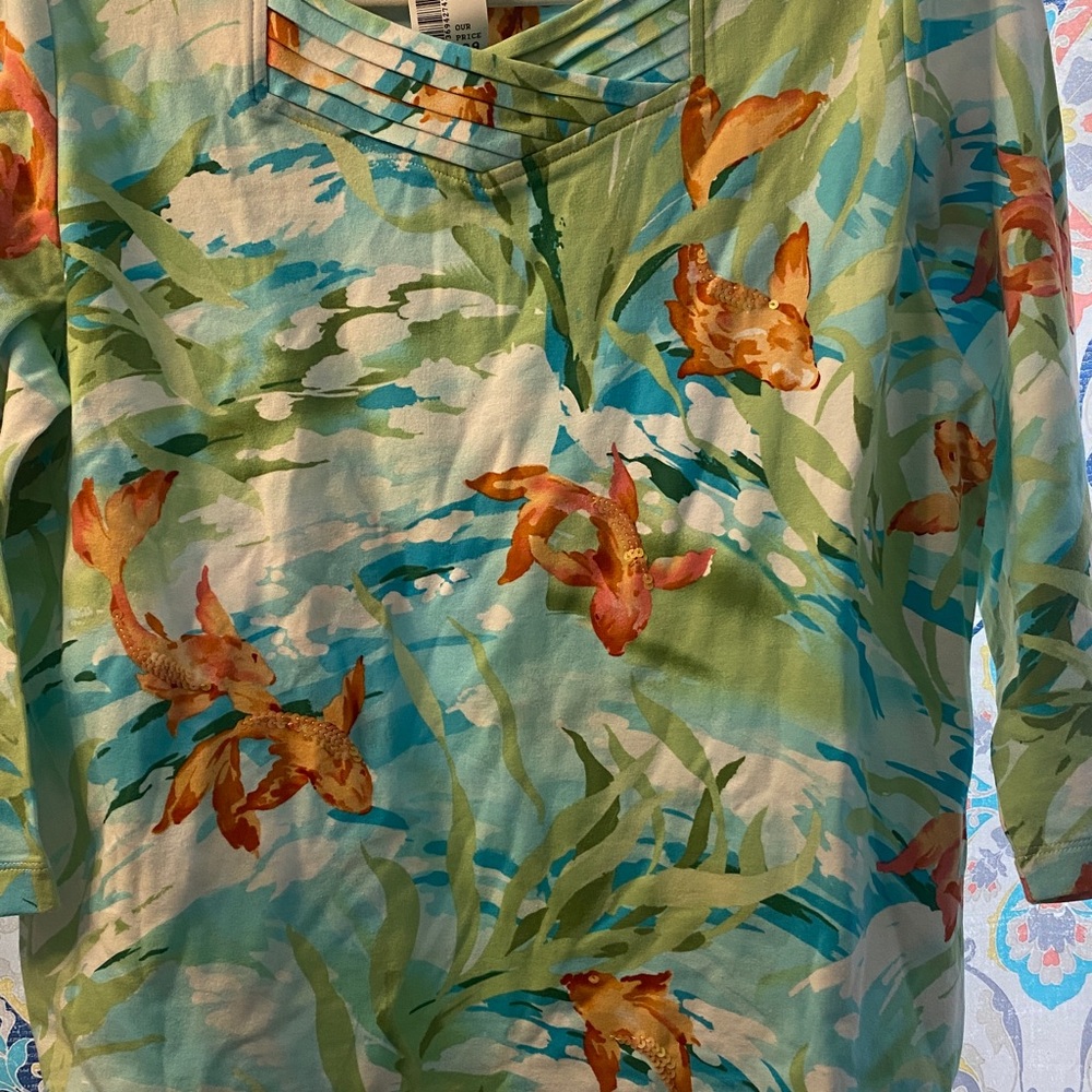 Alfred Dunner Women's Aqua and Orange  koi Fish Print Blouse - Picture 5 of 5